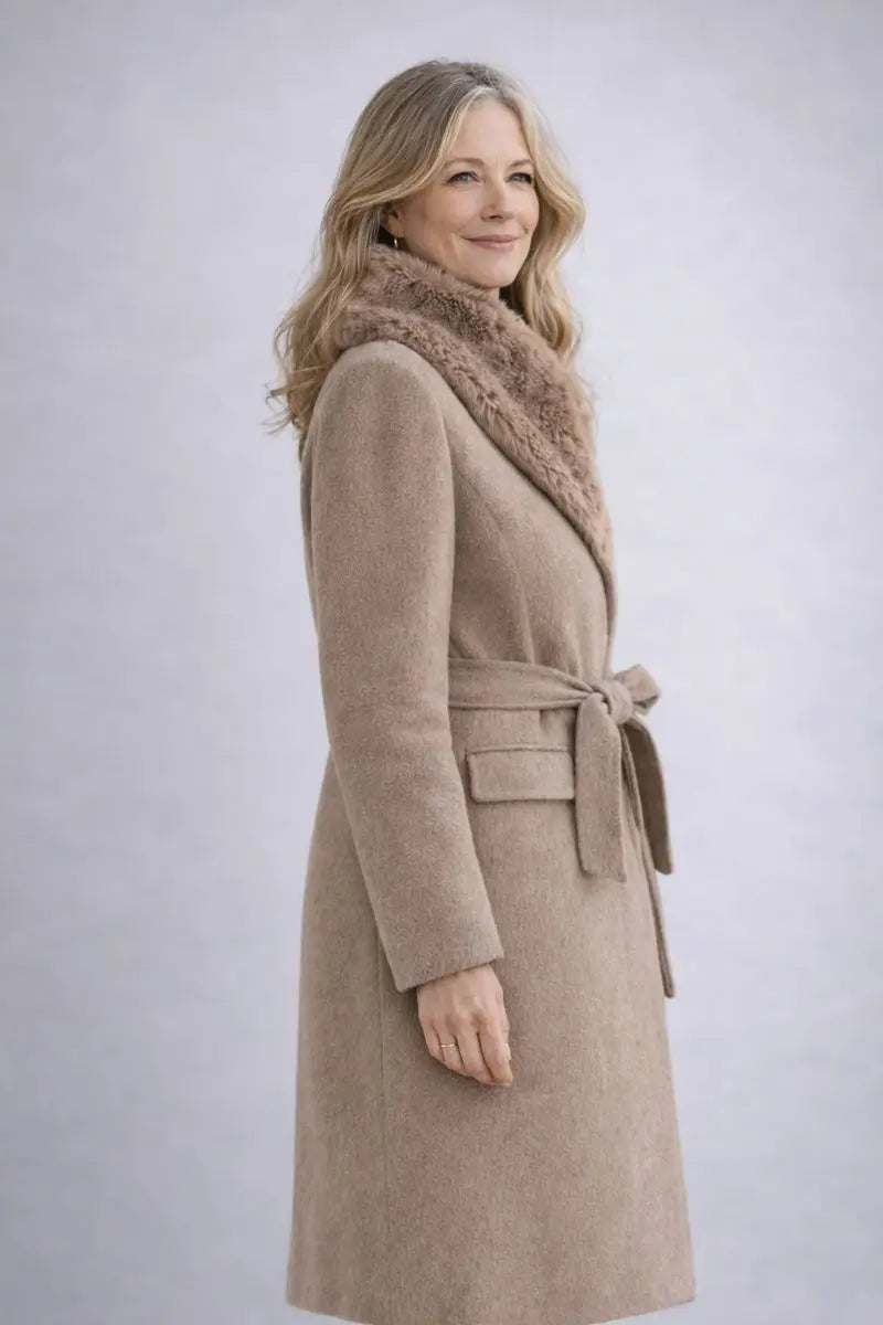 Manteau long élégant avec col en fausse fourrure