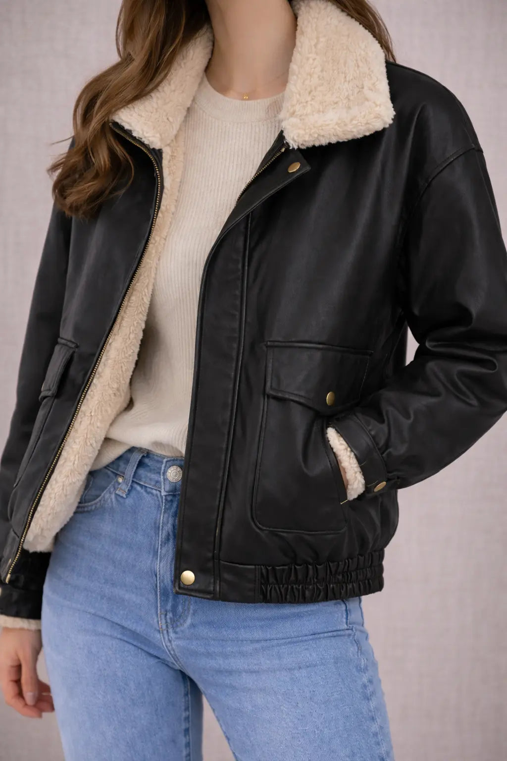 Veste teddy en similicuir marron