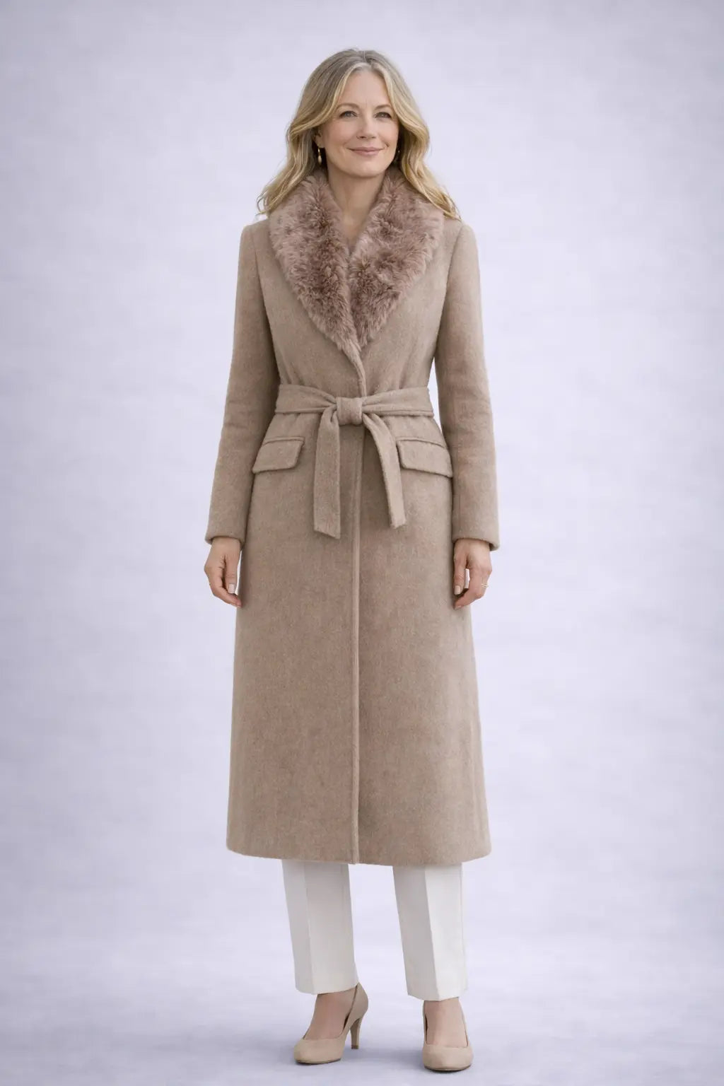 Manteau long élégant avec col en fausse fourrure